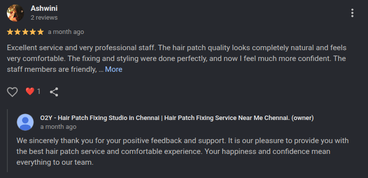 Google Review: Highly recommended hair fixing service in Chennai
